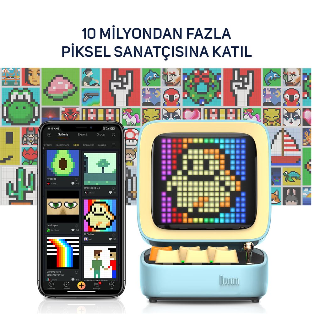 Divoom Ditoo Pro Uyarlanabilir Piksel Ekranlı Bluetooth Hoparlör, Mavi