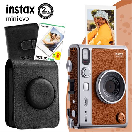 Instax Mini Evo Kahverengi Fotoğraf Makinesi ve Siyah Deri Çantalı  Hediye Seti 1