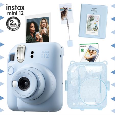 Instax mini 12 Mavi Fotoğraf Makinesi-10'lu Film-Kıskaçlı Stand-PVC Albüm ve Simli Pleksi Kılıf Seti