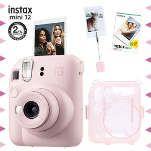 Instax mini 12 Pembe Fotoğraf Makinesi-20'li Film-Kıskaçlı Resim Standı ve Simli Pleksi Kılıf Seti
