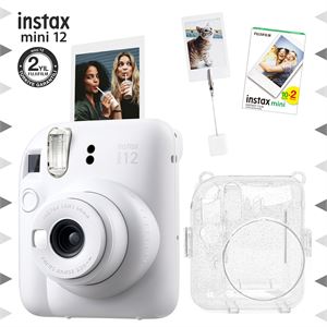Instax mini 12 Beyaz Fotoğraf Makinesi-20'li Film-Kıskaçlı Resim Standı ve Simli Pleksi Kılıf Seti
