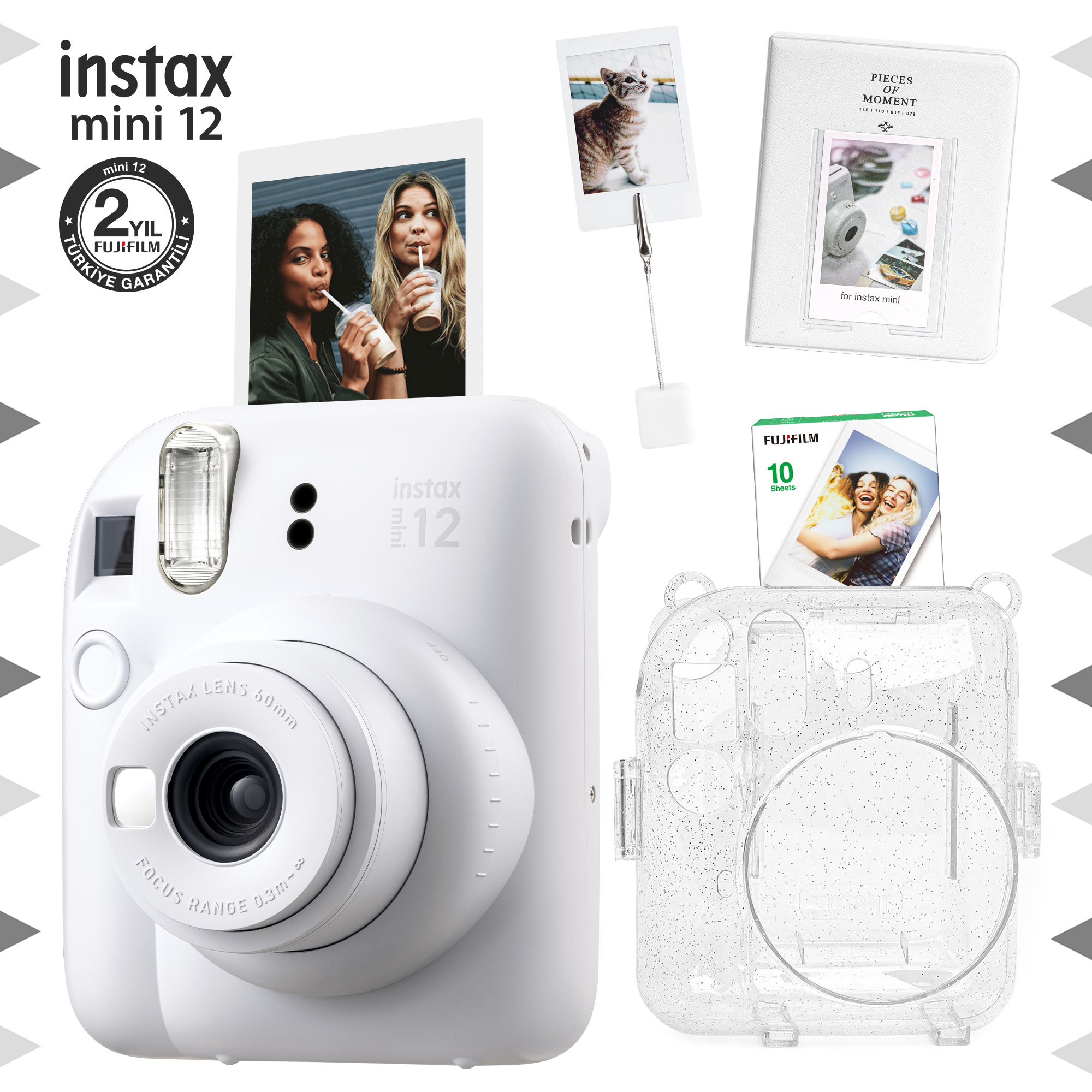 Instax mini 12 Beyaz Fotoğraf Makinesi-10'lu Film-Kıskaçlı Stand