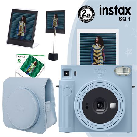 Instax SQ1 Buz Mavi Fotoğraf Makinesi 10lu Kare Film Deri Kılıf Pleksi Çerçeve ve Kıskaçlı Stand