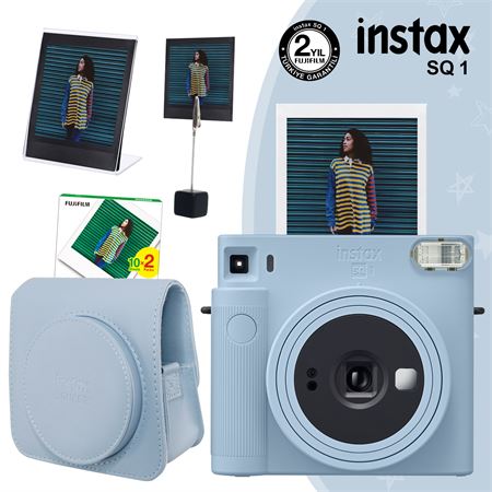 Instax SQ1 Buz Mavi Fotoğraf Makinesi 20li Kare Film Deri Kılıf Pleksi Çerçeve ve Kıskaçlı Stand