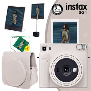 Instax SQ1 Beyaz Fotoğraf Makinesi 20li Kare Film Deri Kılıf Pleksi Çerçeve ve Kıskaçlı Stand