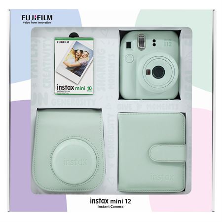 Instax mini 12 Yeşil Fotoğraf Makinesi 10'lu Film Kare Albüm ve Deri Kılıf Bundle Box
