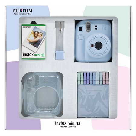 Instax mini 12 Mavi Fotoğraf Makinesi 10'lu Film Simli Pleksi Kılıf Mandal ve Kıskaçlı Resim Standı Bundle Box