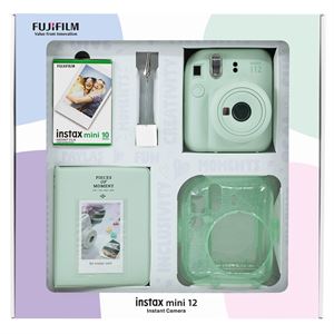 Instax mini 12 Yeşil Fotoğraf Makinesi 10'lu Film Simli Pleksi Kılıf PVC Albüm ve Kıskaçlı Resim Standı Bundle Box