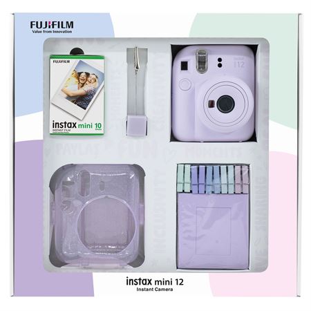 Instax mini 12 Lila Fotoğraf Makinesi 10'lu Film Simli Pleksi Kılıf Mandal ve Kıskaçlı Resim Standı Bundle Box