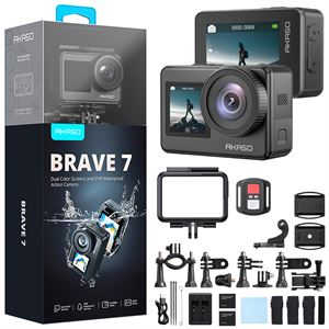 Akaso Brave 7 4K/30FPS 20MP Wi-Fi Dual Screen Aksiyon Kamera ve Aksesuar Seti, App Kontrollü, IPX8