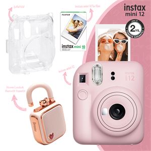 Instax mini 12 Pembe Fotoğraf Makinesi-10'lu Film-Şeffaf Kılıf ve Divoom LoveLock Mini Ses Kayıt Özellikli Bluetooth Hoparlör