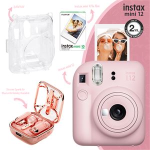 Instax mini 12 Pembe Fotoğraf Makinesi-10'lu Film-Şeffaf Kılıf ve Divoom Spark Air Pembe TWS Bluetooth Kulakiçi Kulaklık