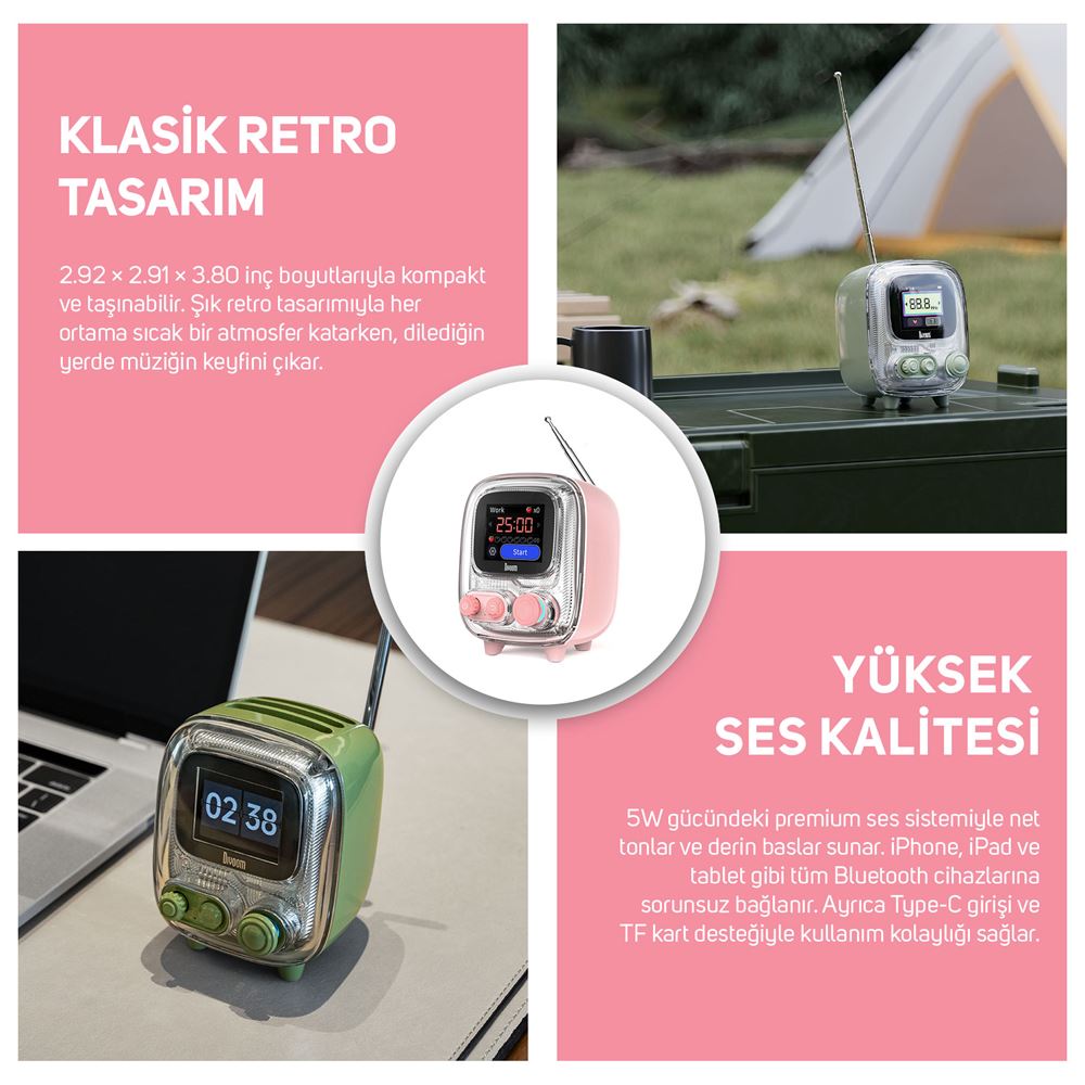 Divoom Tiivoo-2 FM Radyolu Mini Bluetooth Hoparlör, Kablosuz