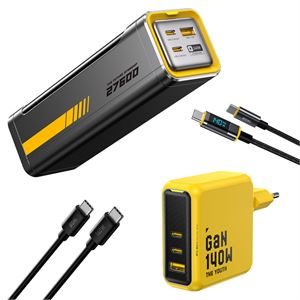 Aohi Youth 140W 3 Portlu Şarj Adaptörü, 27.600 mAh 240W PD3.1 Powerbank, 140W LED Ekranlı Naylon Örgülü Süper Hızlı Şarj/Data Kablosu Seti