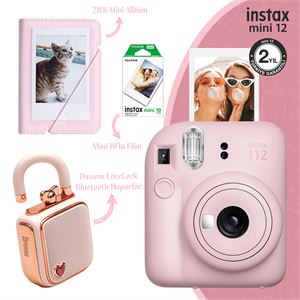 Instax Mini 12 Pembe Fotoğraf Makinesi 28'li Albüm 10'lu Film ve Divoom Lovelock Bluetooth Hoparlör Seti