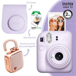 Instax Mini 12 Pembe Fotoğraf Makinesi Deri Çanta 10'lu Film ve Divoom Lovelock Bluetooth Hoparlör Seti