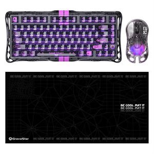 Gravastar V75 Lite Manyetik Kablolu Gaming Klavye, M2 Kablosuz Optik Mouse ve Mousepad Oyuncu Seti, Transparent Black
