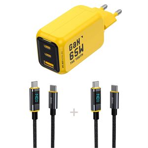 Aohi Youth 3 Portlu 65W Şarj Adaptörü, 2'li LED Ekranlı 140W Hızlı Şarj Kablosu Seti